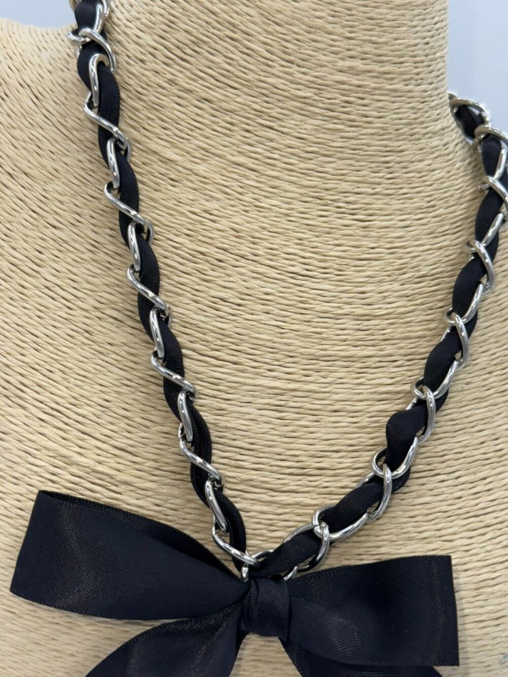 Black Ribbon Silver Tone Chain Bow Statement Necklace - Picture 5 of 8